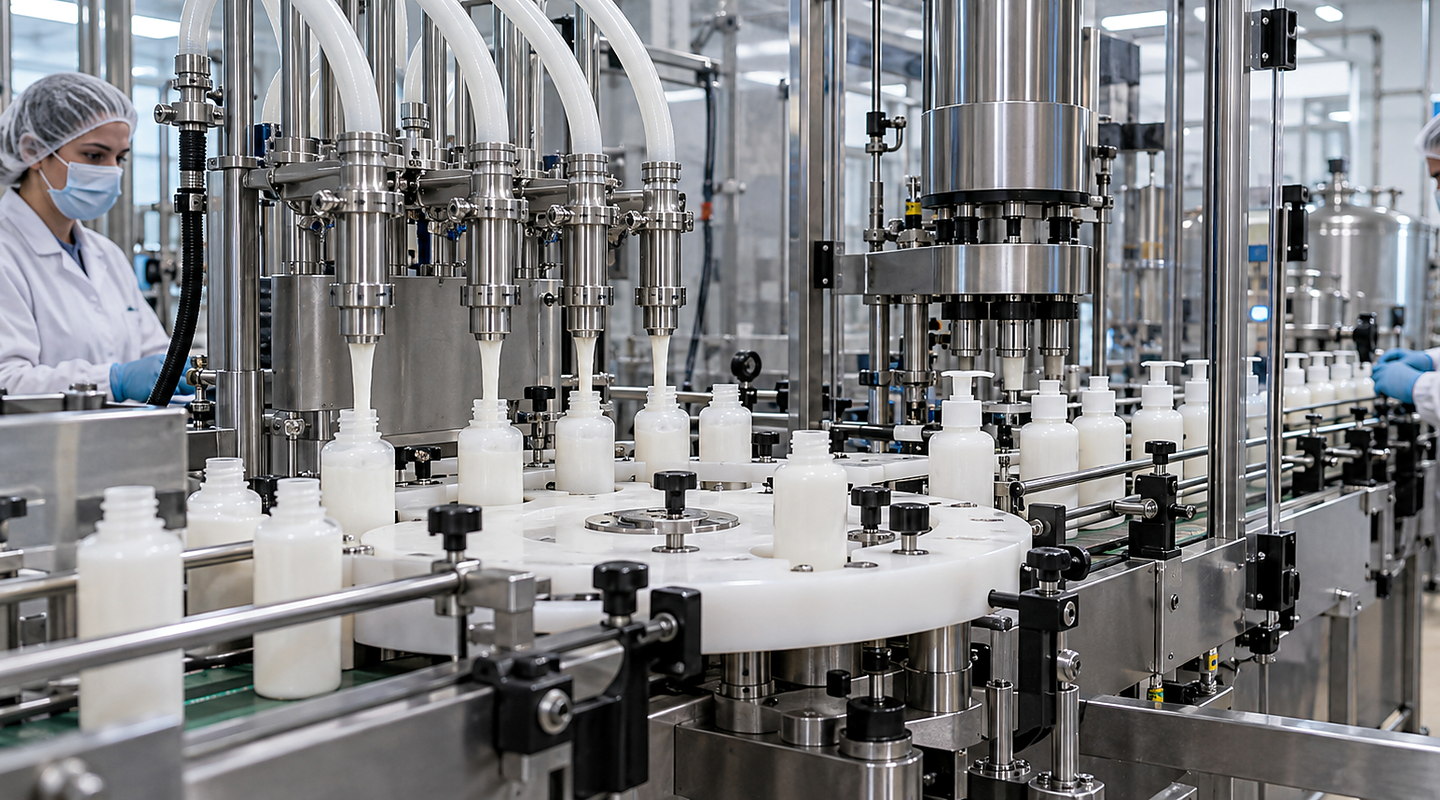 A clean cosmetics production line filling lotion bottles, showing operators, starwheel handling, nozzles and capping in context.