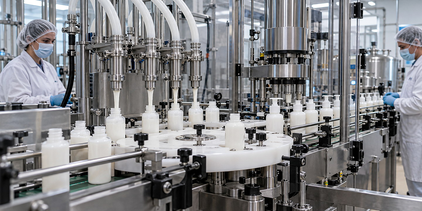 A clean cosmetics production line filling lotion bottles, showing operators, starwheel handling, nozzles and capping in context.